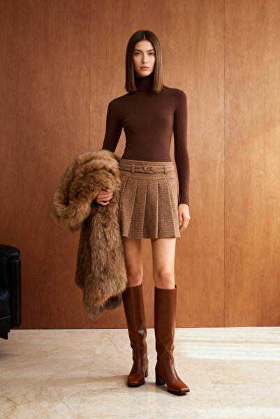 Trendyol Collection Hnědá kostkovaná/čtvercová skládaná mini sukně z tkaného kašmíru TWOAW26ET00014