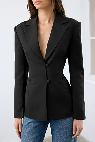 Trendyol Collection Black Fitted/Waist-Fitted Woven Blazer Jacket with Tie-Up Detail at the Back Twoaw26Bc00032
