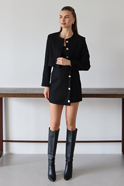 Trendyol Collection Комплект от черно туидно сако и пола TWOAW26AU00143