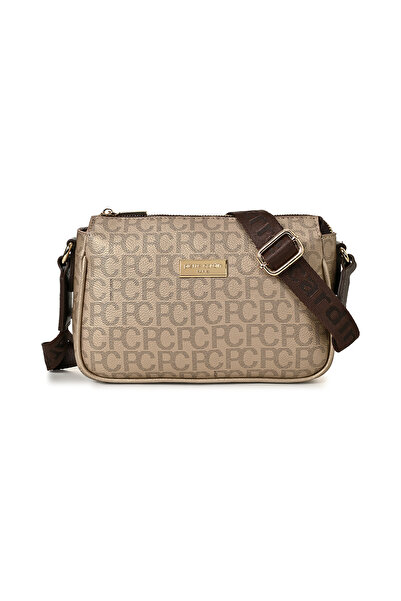 Pierre Cardin Goldfarbene Damen-Umhängetasche mit großem Alphabet-Motiv 05PO22Y1539