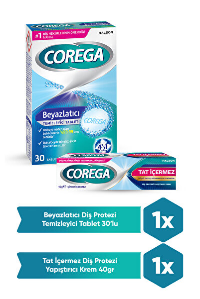 Corega Antibakteriyel Protez Beyazlatıcı Tablet 30'lu + Tat İçermez Protez Ya...