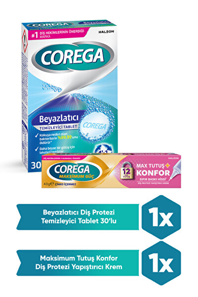 Corega Max Tutuş & Konfor Diş Protezi Yapıştırıcı 40gr Protez Beyazlatıcı Tablet 30'lu
