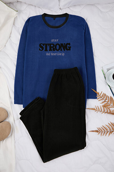 Trendyol Collection Indigo Regular Cut Slogan Embroidered Fleece/Winter Pajama Set Tmnaw26Pt00038