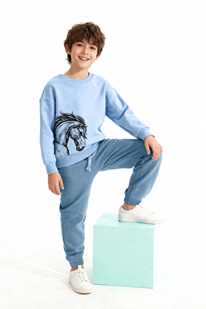 TRENDYOLKIDS Blue Cotton cu căptușeală din fleece cu imprimeu Set pentru băiat din material subțire Partea de jos - Partea de sus TKDAW26AU00073