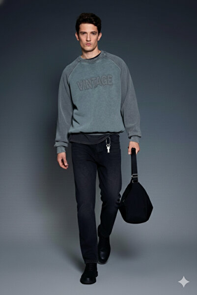 ablukaonline Ανδρικό φούτερ oversized με λεπτομέρεια vintage κεντήματος που πλένεται αναλογικά στο ανθρακί