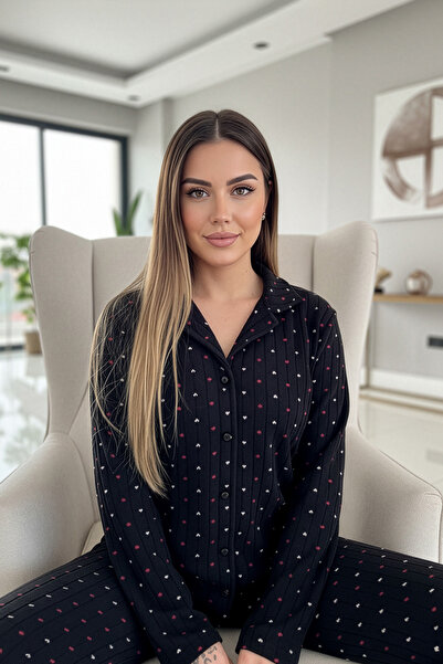 Pijamaevi Set de pijamale din lână de pluș cu nasturi în față cu model Jantung antracit