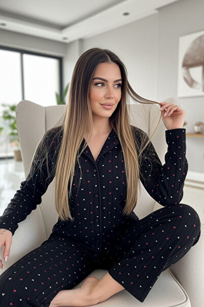 Pijamaevi Set de pijamale din lână de pluș cu nasturi în față cu model Jantung antracit