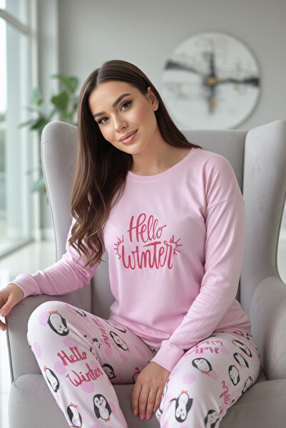 Pijamaevi Set de pijamale termice pentru femei cu model de iarnă Pink Penguin