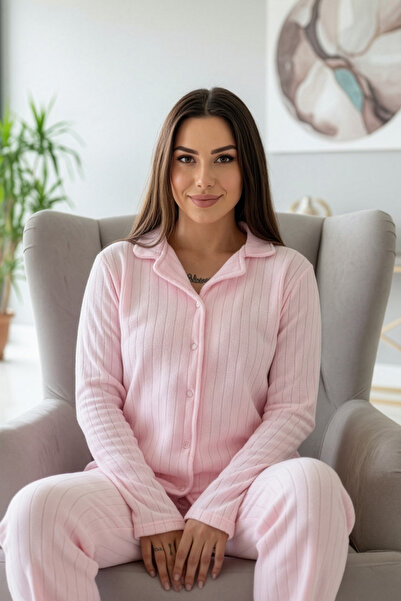 Pijamaevi Powder Pink Dotted Patterned Front Buttoned Plush Fleece Pajama Set