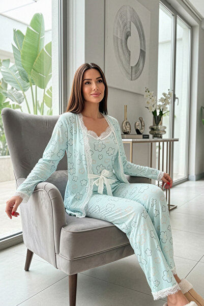 Pijamaevi Blue Line Floral Patterned Pegasus Pajama Set with Dressing Gown