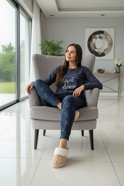 Pijamaevi Navy Blue Sweet Dreams Patterned Thermal Women's Pajama Set