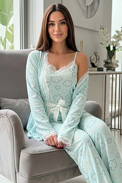 Pijamaevi Blue Line Floral Patterned Pegasus Pajama Set with Dressing Gown