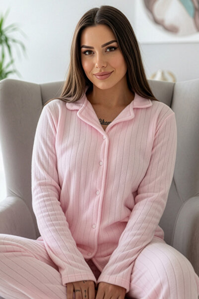 Pijamaevi Powder Pink Dotted Patterned Front Buttoned Plush Fleece Pajama Set