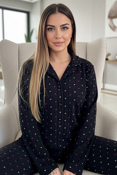 Pijamaevi Set de pijamale din lână de pluș cu nasturi în față cu model Jantung antracit