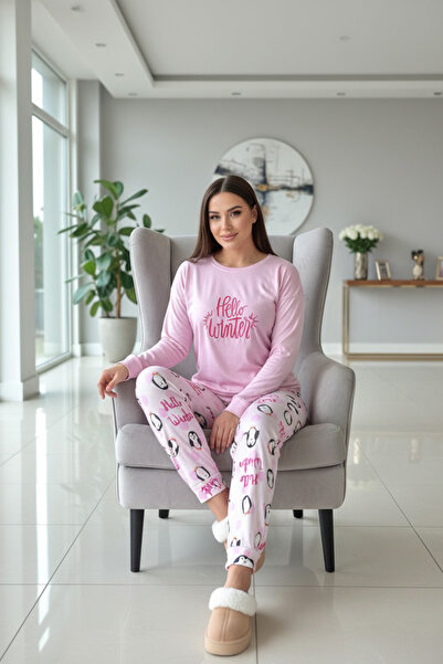 Pijamaevi Set de pijamale termice pentru femei cu model de iarnă Pink Penguin