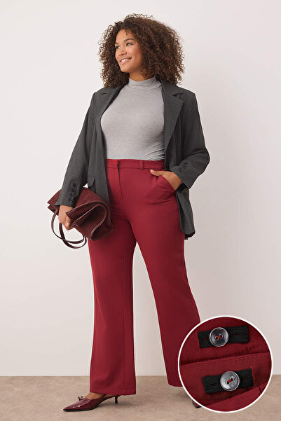 Trendyol Curve Burgundy Woven Adjustable Waist Elastic Plus Size Trousers Tbbaw26Ar00010