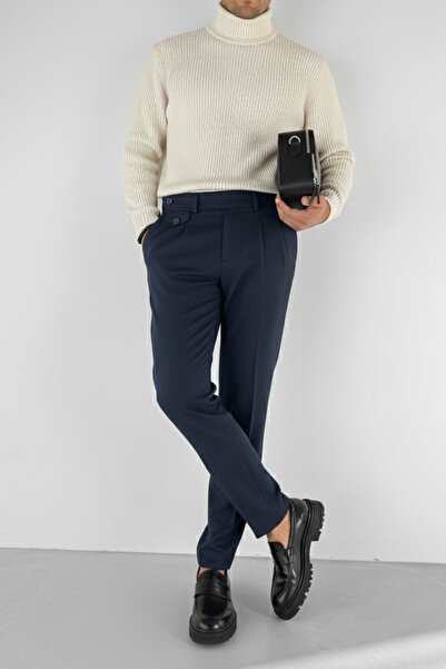 ablukaonline Pánské kalhoty z plisované látky tmavě modré