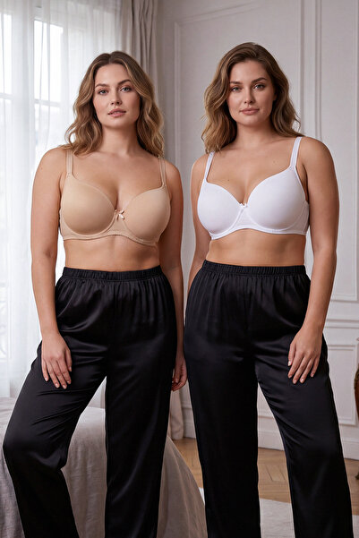 Trendyol Curve White-Tan 2er-Pack T-Shirt-BH mit festem Körbchen, ohne Polsterung, große BHs TBBAW26CW00009