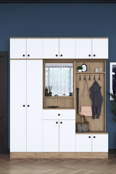 Rani Mobilya Rani Ea104 Portmanto Çekmeceli Aynalı Raflı Vestiyer Sepet Ceviz - Beyaz