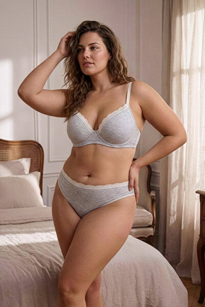 Trendyol Curve Gray Underwire Camisole-Lace Detail Plus Size Lingerie Set Tbbaw26Dg00002