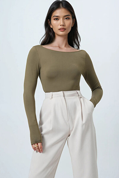 Trend Alaçatı Stili Women's Khaki Boat Neck Basic Blouse Alc-X14395