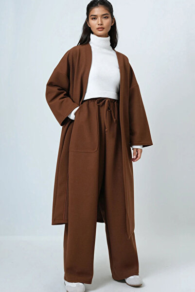 Trend Alaçatı Stili Women's Brown Self Textured Knitted Long Kimono and Double Pocket Palazzo Pants Set Alc-X14387