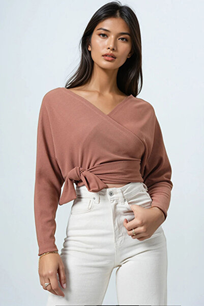 Trend Alaçatı Stili Women's Cinnamon Front Back Double-Breasted Neckline Tie Detail Crop Blouse Alc-X14346