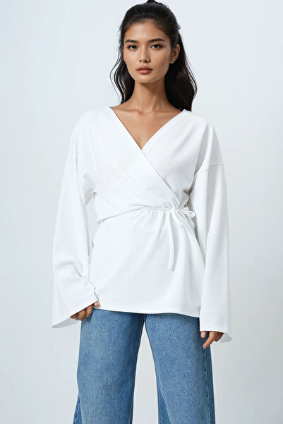 Trend Alaçatı Stili Damen-Cardigan in Ecru mit zweireihigem Schnitt, V-Ausschnitt und Schnürdetail Alc-X14410