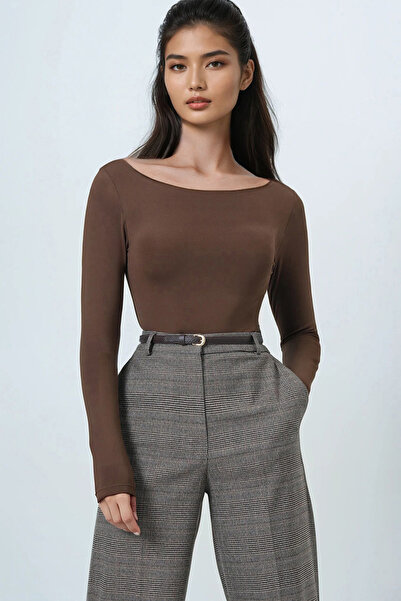 Trend Alaçatı Stili Women's Brown Boat Neck Basic Blouse Alc-X14395