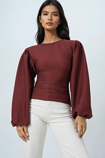 Trend Alaçatı Stili Women's Tile Princess Sleeve Boat Neck Waist Corset Blouse Alc-X14684