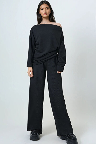 Trend Alaçatı Stili Women's Black Wide Neck Relaxed Fit Blouse and Pants Bottom Top Set Alc-X14413