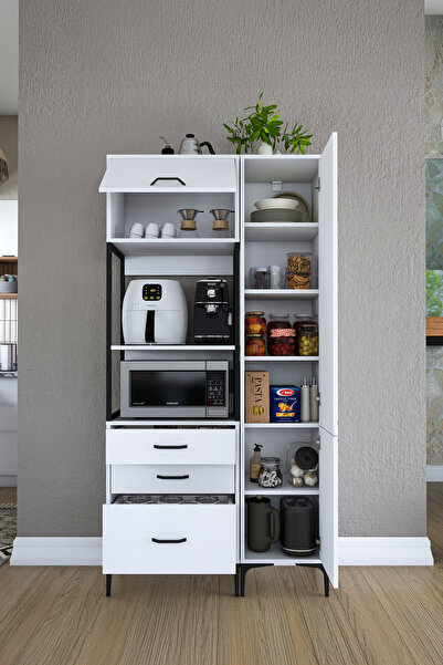 Rani Mobilya Rani JE143 Çok Amaçlı Dolap 3 Kapaklı 3 Çekmeceli Kiler Mutfak Dolabı Beyaz