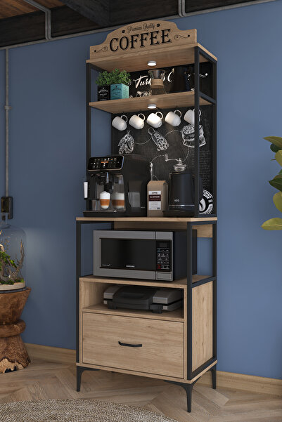 Rani Mobilya Rani JE154 Işıklı Kahve Köşesi Çekmeceli Çok Amaçlı Mutfak Dolabı Sepet Ceviz