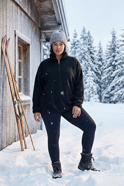 Trendyol Curve Μαύρο χοντρό φλις με κουκούλα και φερμουάρ Πλεκτό φούτερ μεγάλου μεγέθους TBBAW25AO00030