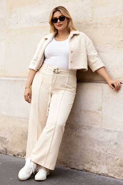 Trendyol Curve Ecru Cotton Gabardine Belted Wide Leg Pants Tbbaw26Ar00025