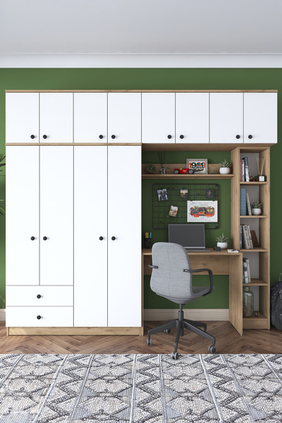 Rani Mobilya Rani Ba122 Geniş Gardırop Elbise Dolabı + Çalışma Masası + Kitaplık Sepet Ceviz - Beyaz 216 X 240 Cm