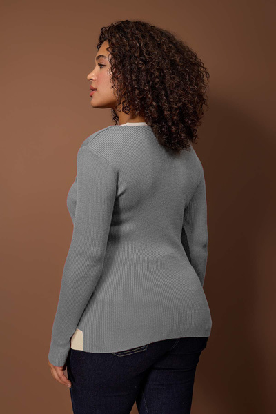 Trendyol Curve Wardrobe Essentials Gray Double Layer Look Corded Fabric Knitwear Sweater Tbbaw26An00017