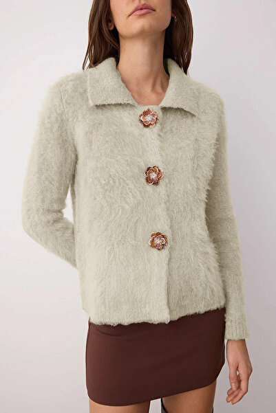 Trendyol Collection Mink Rose Button Detailed Boucle Yarn Knitwear Cardigan Twoaw26Hi00109