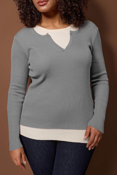 Trendyol Curve Wardrobe Essentials Gray Double Layer Look Corded Fabric Knitwear Sweater Tbbaw26An00017
