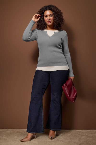 Trendyol Curve Wardrobe Essentials Gray Double Layer Look Corded Fabric Knitwear Sweater Tbbaw26An00017