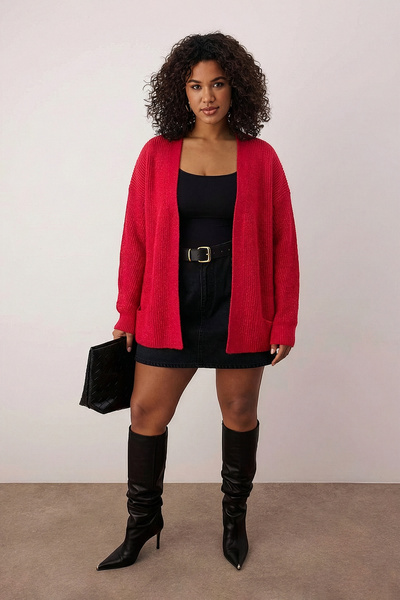Trendyol Curve Red Soft Textured Pocket Detailed Knitwear Cardigan Tbbaw26Av00027
