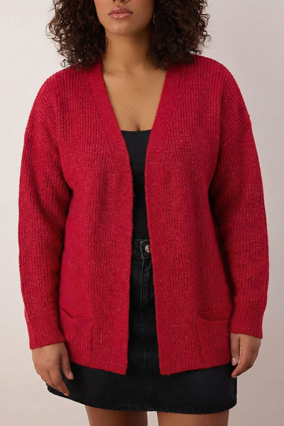 Trendyol Curve Red Soft Textured Pocket Detailed Knitwear Cardigan Tbbaw26Av00027