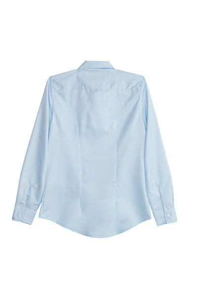 Tudors Cămașă de bază albastră pentru femei, slim fit, cu mânecă lungă, cu detaliu de nasturi ascunși