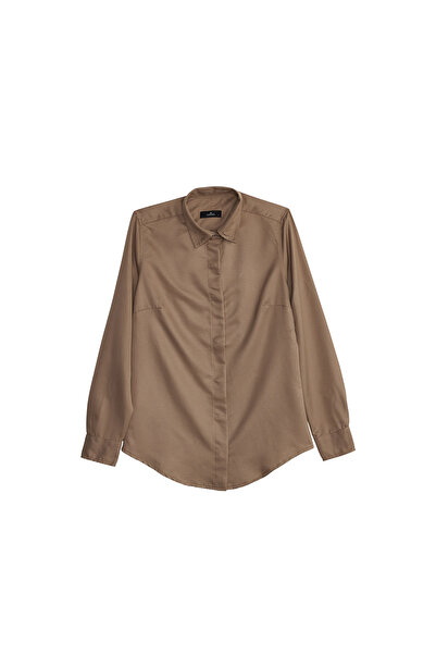 Tudors Women's Slim Fit Slim Fit Body Fitted Long Sleeve Hidden Button Detail Dark Mink Basic Shirt