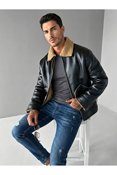 ablukaonline Чорна чоловіча шкіряна куртка з плюшевою підкладкою - зручний крій