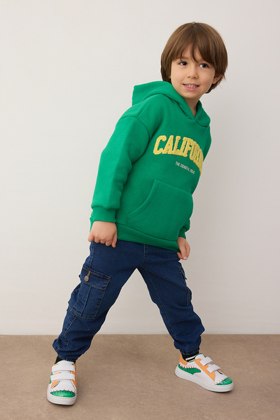 TRENDYOLKIDS Πράσινο βαμβακερό σλόγκαν με τύπωμα με κουκούλα oversized Πλεκτό παιδικό φούτερ Unisex TKDAW26SW00025