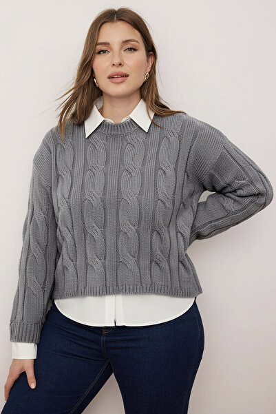 Trendyol Curve Dark Gray Shirt Paneled Detailed Hair Knitwear Sweater Tbbaw26An00047