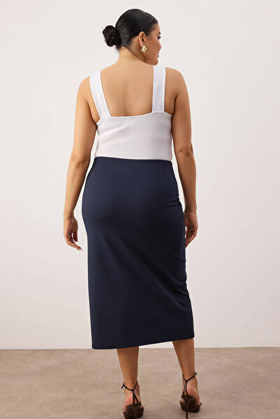 Trendyol Curve Navy Blue Slit Detailed Knitted Stretch Fabric Plus Size Midi Skirt Tbbaw26Az00023