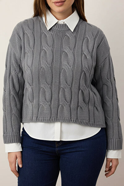 Trendyol Curve Dark Gray Shirt Paneled Detailed Hair Knitwear Sweater Tbbaw26An00047