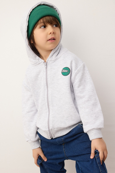 TRENDYOLKIDS Kar Melange Cotton με τύπωμα με κουκούλα Πλεκτή ζακέτα με φερμουάρ για αγόρια κανονικού μεγέθους TKDAW26SW00032